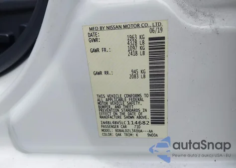 2020 Nissan Altima S Fwd из США, поврежденный, VIN 1N4BL4BV5LC114682